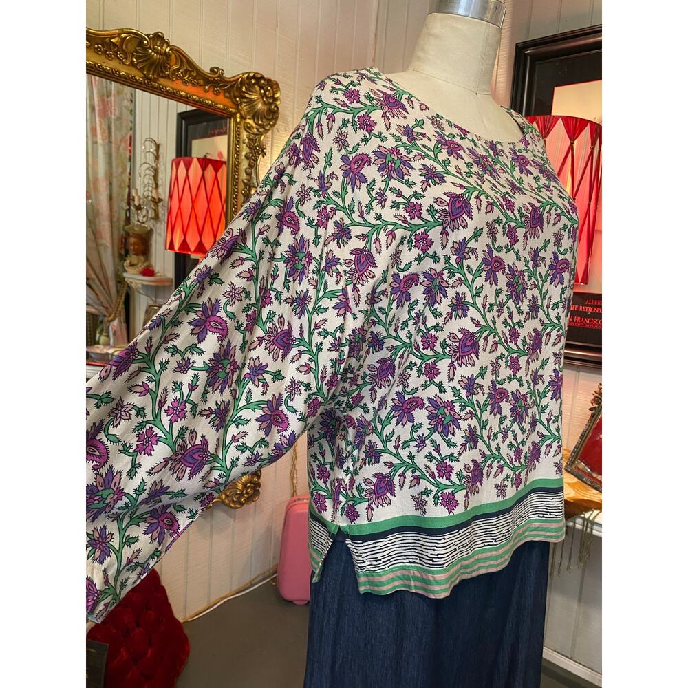 vintage 1980s rayon floral blouse adini indian print 80s tunic purple green med